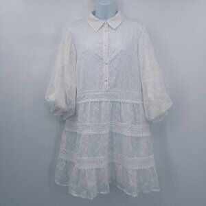 Karlie Women's White Lined Eyelet Babydoll Preppy Ruffled Sleeve Collar Dress L